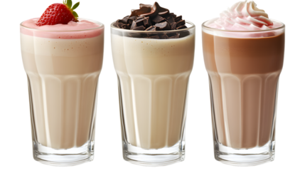 Delicious Trio: Chocolate & Strawberry Milkshakes in Three Glasses on White Background