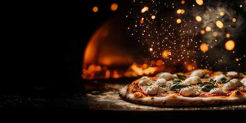 Traditional Pizza Margherita (Neapolitan pizza) straight from a wood-fired oven. Close-up, baked in a wood-fired pizza oven. Italian cuisine. Food background with black copy space.