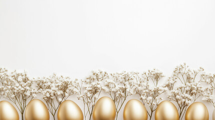 Beautiful decorated Easter eggs and spring flowers on white background, flat lay. Banner design with space for text.