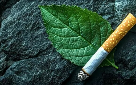 Cigarette stubbed out next to a fresh green leaf, symbolizing health transformation, close-up, photography.
