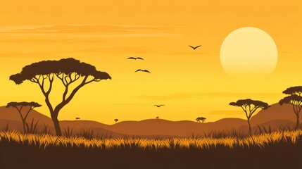 Sunset Over the Savannah A Serene Landscape with Trees Birds and Rolling Hills