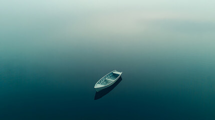 Fototapeta premium Aerial Drone Photo of Single Rowboat Floating on Misty Lake with Soft Reflections and Minimal Composition