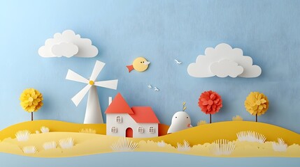 Charming rural village landscape with vibrant paper cut windmills cottages and seasonal trees against a serene sky with fluffy clouds