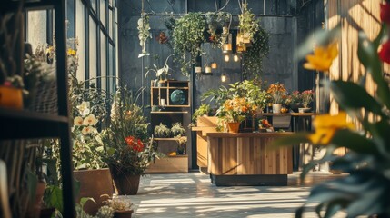 Lively flower market with plants, bouquets, and sunlight