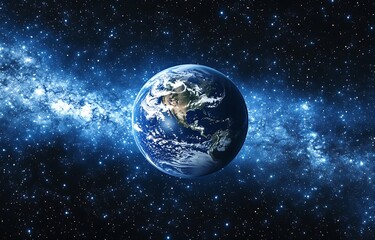 Earth Globe Realistic Render in Space with Stars and Galaxy Background
