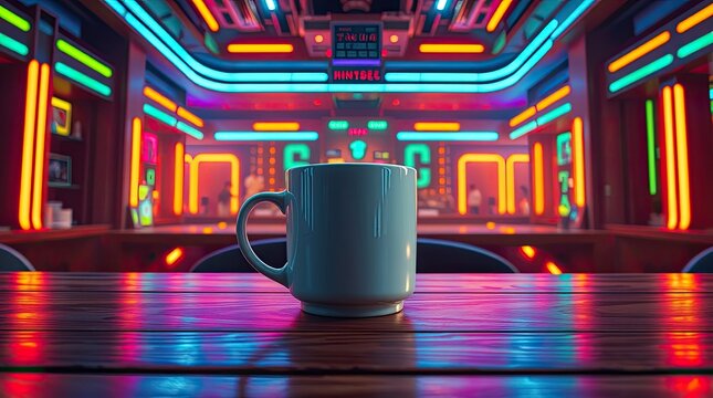 A white mug sits on a table in a vibrant neon lit bar - Powered by Adobe