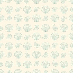 Hand-drawn seashells seamless pattern. Sea creatures. Designed for wrapping paper, packaging, fabric, and textiles. Vector illustration.
