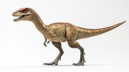 Fototapeta premium Detailed 3D velociraptor leaps against a stark white backdrop. Brown and cream scales contrast with a striking red head
