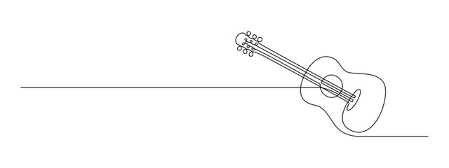 Acoustic guitar in one continuous line drawing. String musical instrument for orchestra and concert banner in simple linear style. Editable stroke. Doodle vector illustration