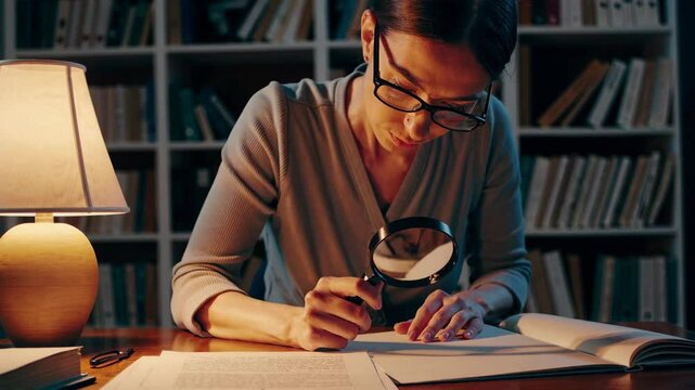 Focused study session: woman utilizing magnifying glass for detailed reading in library setting
