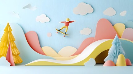 A vibrant playful depicting a figure skater in motion on a whimsical paper cut inspired ramp against an abstract landscape backdrop
