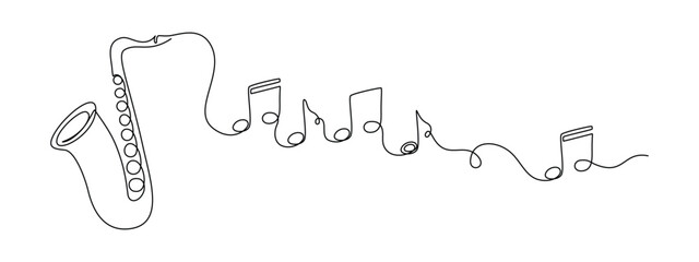 Saxophone with notes in one continuous line drawing. Wind musical instrument for orchestra and jazz concert banner in simple linear style. Editable stroke. Doodle monoline vector illustration © Olga Rai