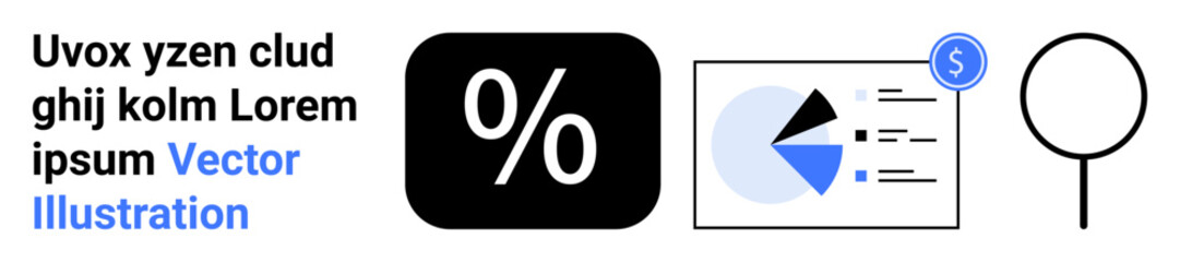 Pie chart with data, percentage sign highlight, magnifying lens for detailed focus. Ideal for finance, data visualization, analysis, research, marketing, presentations simple landing page