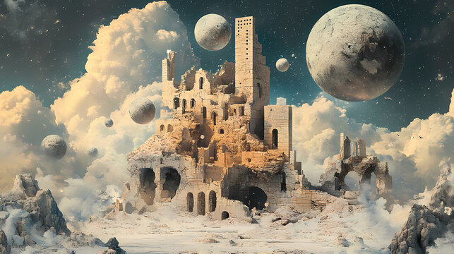 Surreal landscape with disappearing objects and fading elements, enigmatic structures emerging from a dreamlike atmosphere in an ethereal surrounding. Distant Nothingness. Illustration