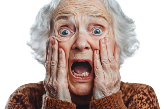 Elderly woman with white hair expressing shock and fear, holding her face with hands, wide eyes, open mouth, conveying strong emotion in a studio setting