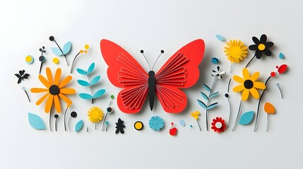 A striking paper cutout of a red butterfly surrounded by a colorful arrangement of abstract floral shapes and swirling leaves against a clean white background