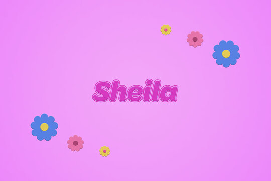 Sheila female girl name illustration in pink with blossoms, flowers