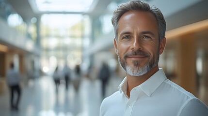 Obraz premium Digital portrait of a smiling businessman in an office, exuding confidence and ambition, focused on management and online projects,