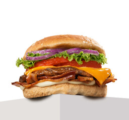 Delicious Gourmet Burger with Melted Cheese and Crispy Bacon on a White Surface