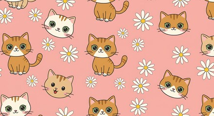 Adorable Kittens And Daisies Pink Delightful Pattern AI Generated