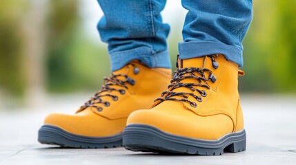 Stylish yellow work boots on a person's feet with blue jeans in a natural outdoor setting wearing casual attire