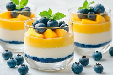 Beautiful dessert cups are arranged with layers of yogurt, fresh mango, and blueberries. These vibrant treats are perfect for a summer celebration or casual gathering
