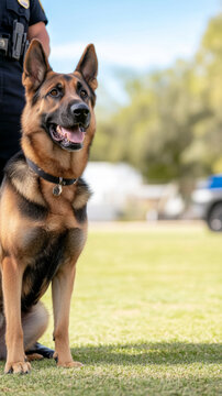 Police k9 unit demonstrating crime prevention techniques in public safety event