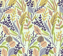 Seamless textile art pattern with hand-drawn abstract floral patterns, leaves and plants in bright, attractive colors.	
