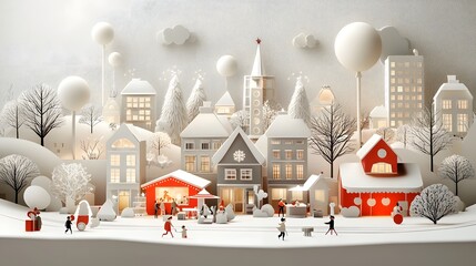 Whimsical winter landscape with a charming Christmas market featuring layered paper cut architecture colorful stalls twinkling lights and a bustling crowd of people enjoying the festive atmosphere