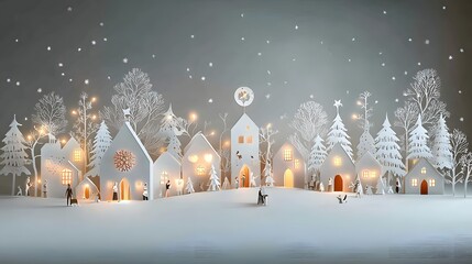 Cozy and enchanting Christmas market scene featuring layered paper cut stalls twinkling lights and a winter wonderland backdrop with snowy trees and villagers
