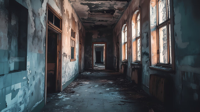 A paranormal scene set in an abandoned asylum, where the echoes of tortured souls still reverberate through the crumbling halls. illustration. reverberate. illustration. Crumbling Echoes. Illustration