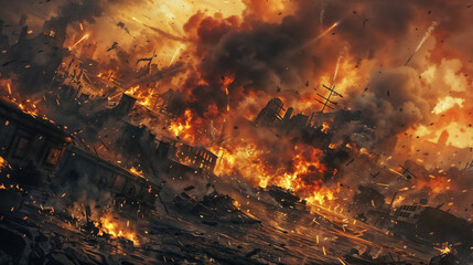Urban cityscape engulfed in catastrophic explosion with buildings crumbling amid massive fireballs and smoke clouds, debris flying through air as infrastructure collapses in dramatic wartime or disast