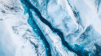 Top-Down Drone View of Icy Glacier Landscape with Dramatic Crevasses and Blue Ice Patterns