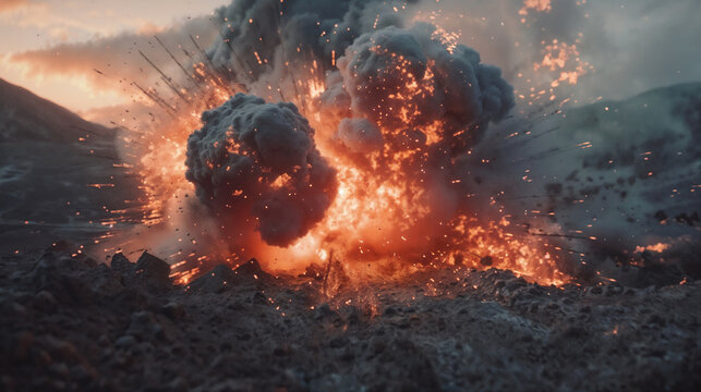 Ground-level explosion in rocky terrain with powerful blast wave sending debris and smoke outward, captured at moment of detonation with vibrant orange core and gray billowing clouds