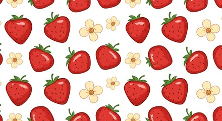 Sweet Strawberry Delight Cartoon Pattern Red And Cream Summer Fruit Design Vibrant Strawberry Illustration Background Cute Strawberry Seamless Pattern Joyful Hand Drawn Strawberry Print AI Generated