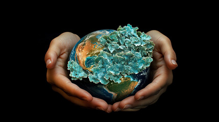 Protecting Earth Hands Holding a Planet with Teal Microbial Growth