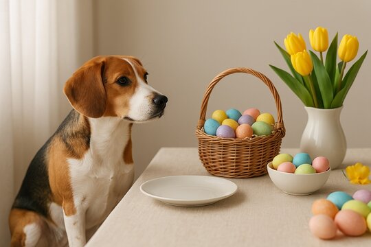 Easter scene with a beagle dog at the table, colorful eggs in basket, yellow tulips &ndash; pastel colors, high resolution, 300 DPI