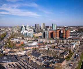 Aerial airscape cityscape.  High rise buildings of financial office district and urban...