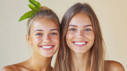 Real beauty and friendship: young women embracing natural smiles and support