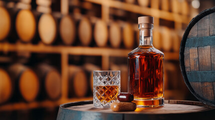 Elegant bourbon setup in rustic barrel room for beverage and bar themes