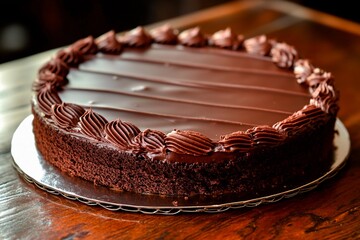 A rich chocolate cake with smooth frosting and decorative swirls rests on a shiny silver platter. The warm ambiance of a bakery highlights this tempting dessert, perfect for any celebration