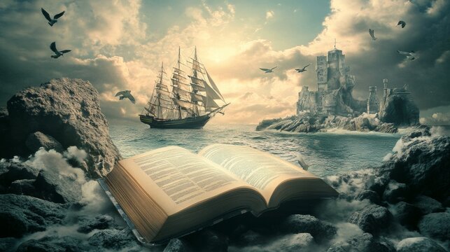 Open book with fantasy ship emerging from pages