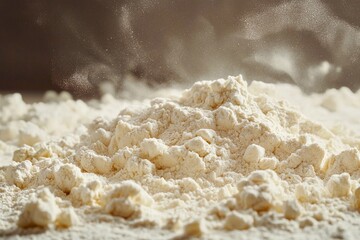 A mound of white flour sits on a wooden countertop, surrounded by scattered flour dust. Soft light illuminates the area, highlighting the texture and movement of the flour particles