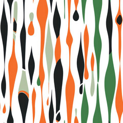 Abstract camouflage pattern in vibrant orange, green, and black droplets on a crisp white background for modern designs.
