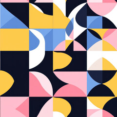 Playful geometric shapes in bright colors form a modern seamless pattern ideal for textiles and digital spaces.