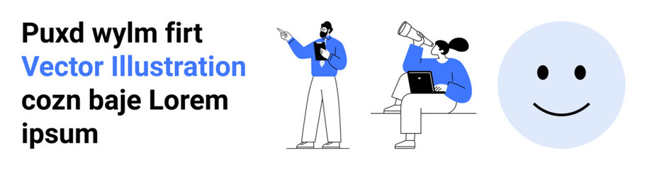 Professional duo discussing ideas with a laptop while one uses a telescope. Smiling face emblem symbolizes optimism. Ideal for teamwork, progress, exploration, creativity, collaboration, research