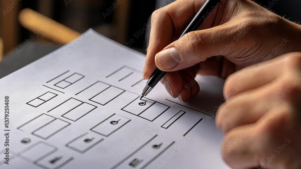 Poster cybersecurity analyst drawing a network protection strategy on a sheet of paper, focusing on access 