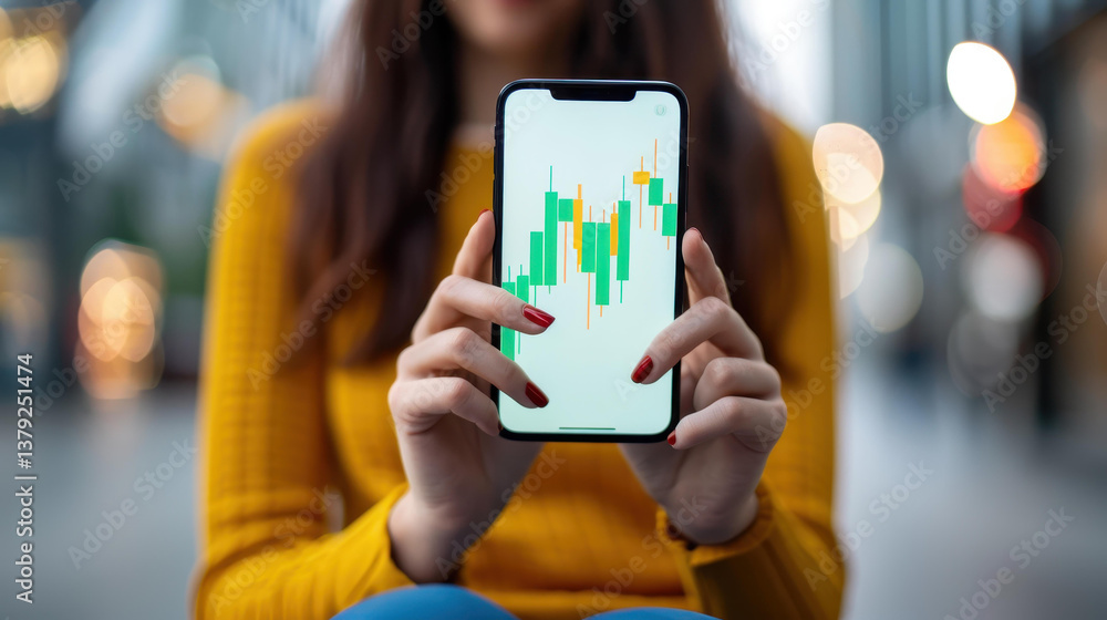 Poster a closeup shot featuring a womans hand gripping a smartphone displaying a dynamic forex chart agains