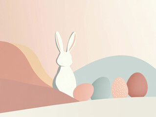 Fototapeta premium Minimalist vector illustration of a simple Easter bunny silhouette with pastel eggs, clean lines, modern flat design