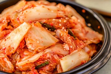 Fresh vegetables are mixed with spices to create traditional homemade kimchi, showcasing vibrant colors and textures in a warm kitchen environment filled with culinary history